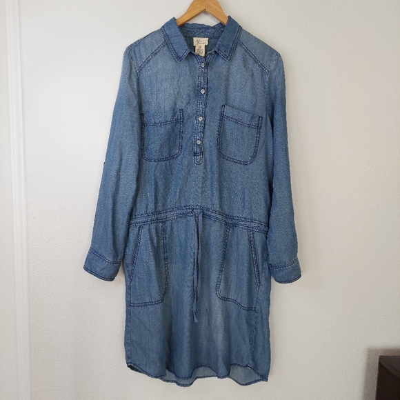 Andrea Jovine Denim jean Blue Shirt Midi Dress Roll Tab Sleeve Chambray Size M - Picture 1 of 7